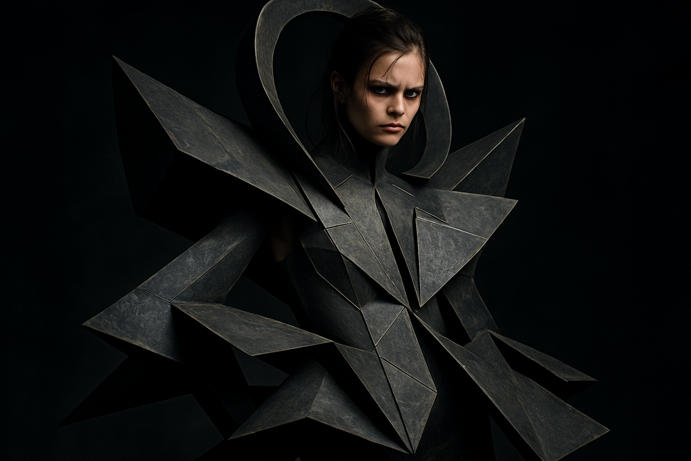 Geometric avant-garde fashion with sculptural metallic collar piece"