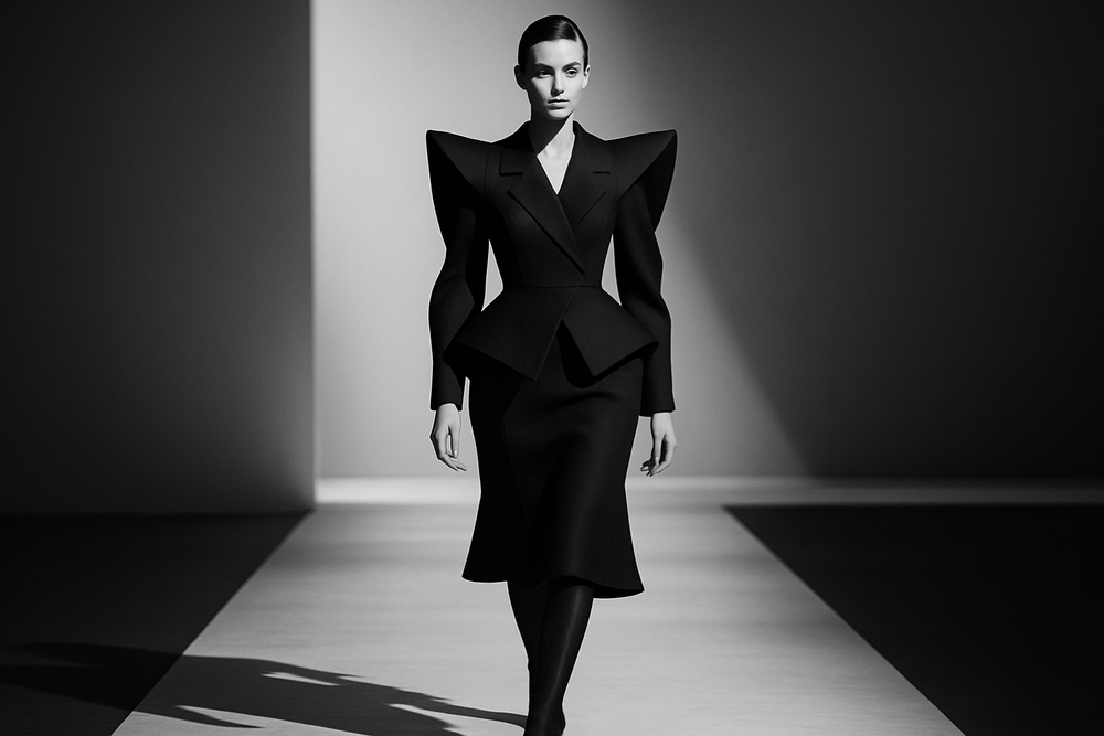 Avant-garde fashion model on runway wearing structured geometric clothing with sharp angular silhouettes embodying wearable futurism and rebellious minimalism