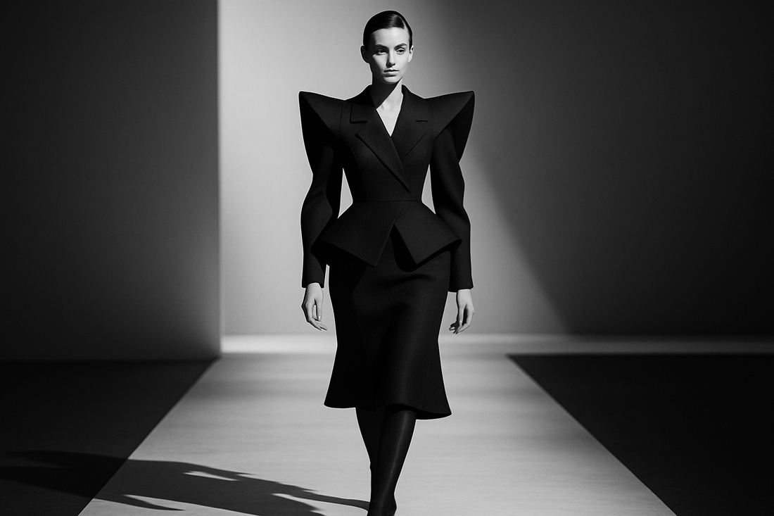 Avant-garde fashion model on runway wearing structured geometric clothing with sharp angular silhouettes embodying wearable futurism and rebellious minimalism