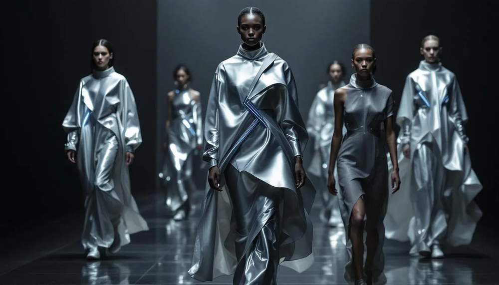 A lineup of models in reflective futuristic gowns showcasing conceptual designs influenced by sci-fi cinema, illustrating the bridge between cyber fashion innovation and high-end runway style.