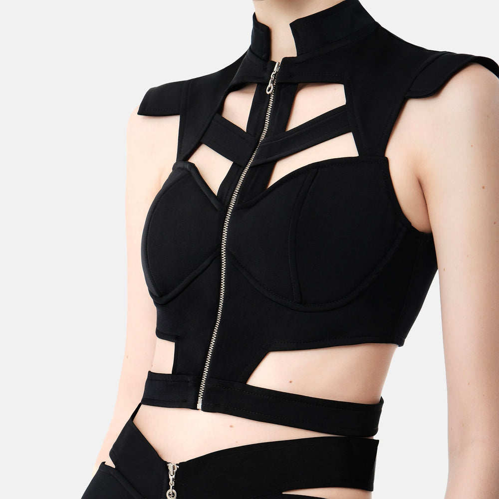 Black structured cut-out crop top with high neck and zipper detail, modern futuristic design by FlyandFall