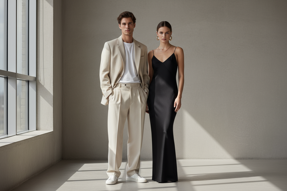 Stylish couple wearing minimalist fashion - man in tailored beige blazer and woman in sleek monochrome outfit against neutral background