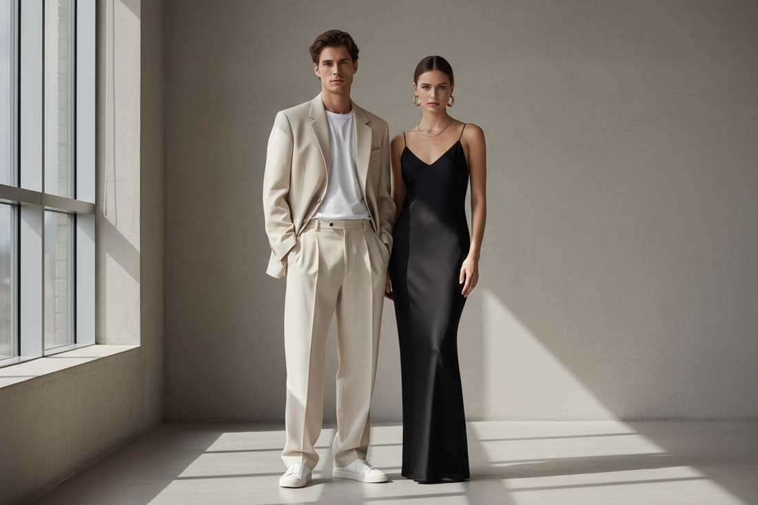 Stylish couple wearing minimalist fashion - man in tailored beige blazer and woman in sleek monochrome outfit against neutral background