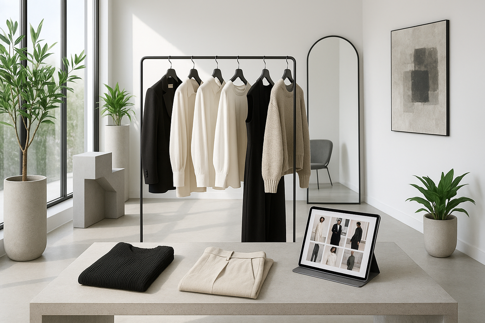 Modern minimalist wardrobe with curated clothing pieces and natural light representing personal style discovery