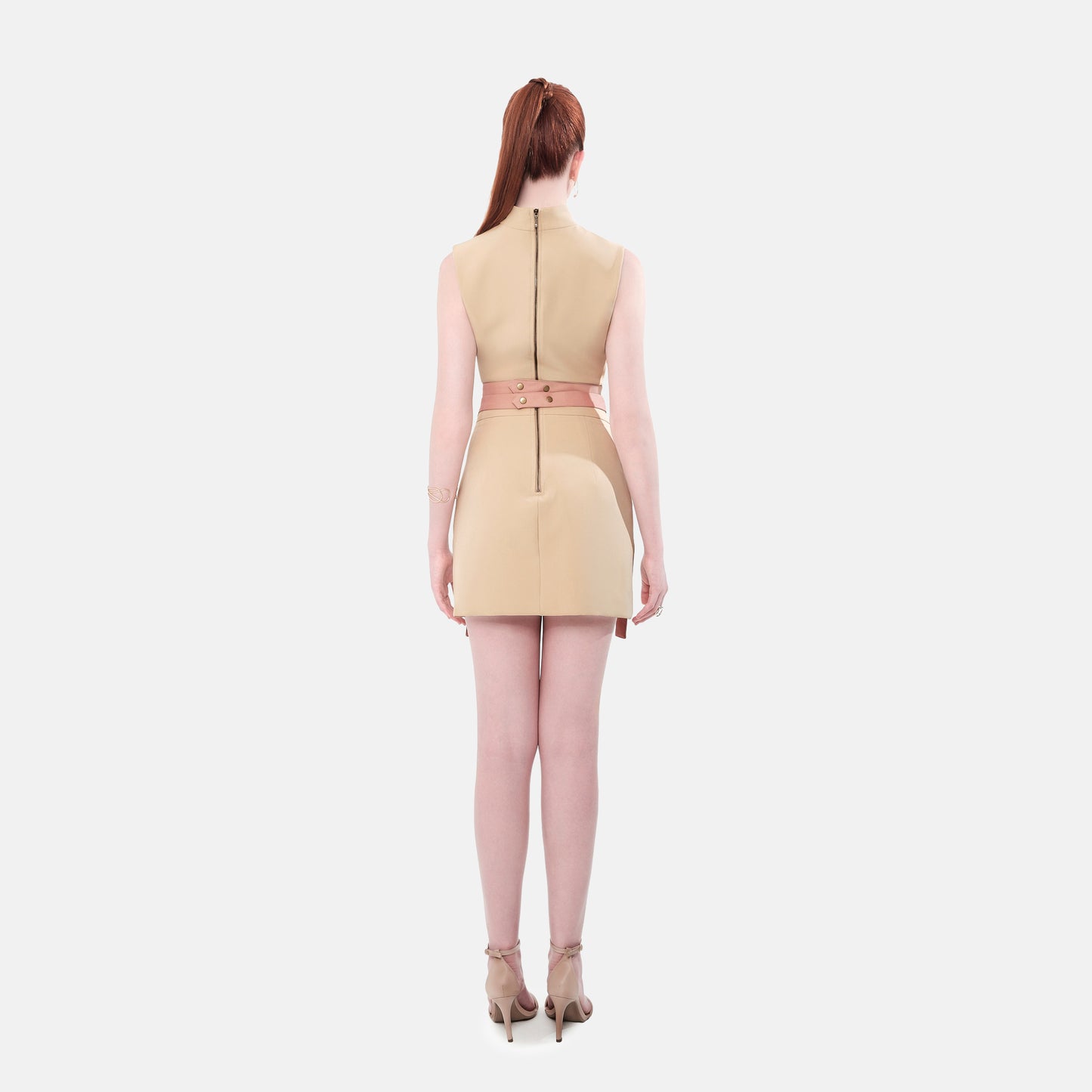 FlyandFall beige dress back view, elegant structured design in soft beige color with modern detailing.