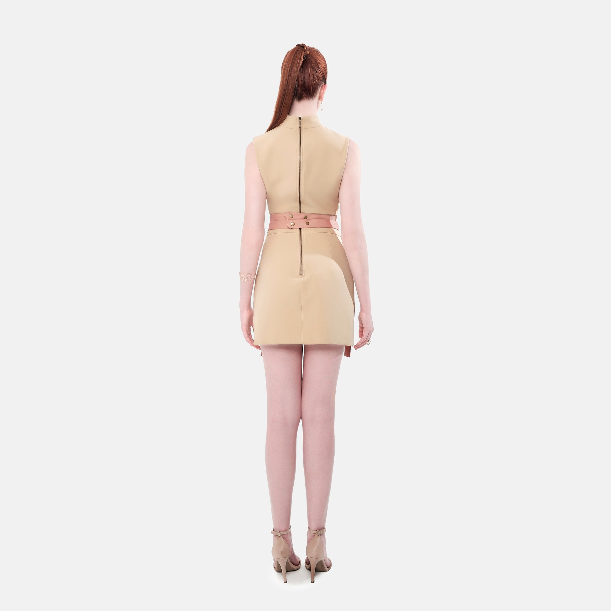 FlyandFall beige dress back view, elegant structured design in soft beige color with modern detailing.