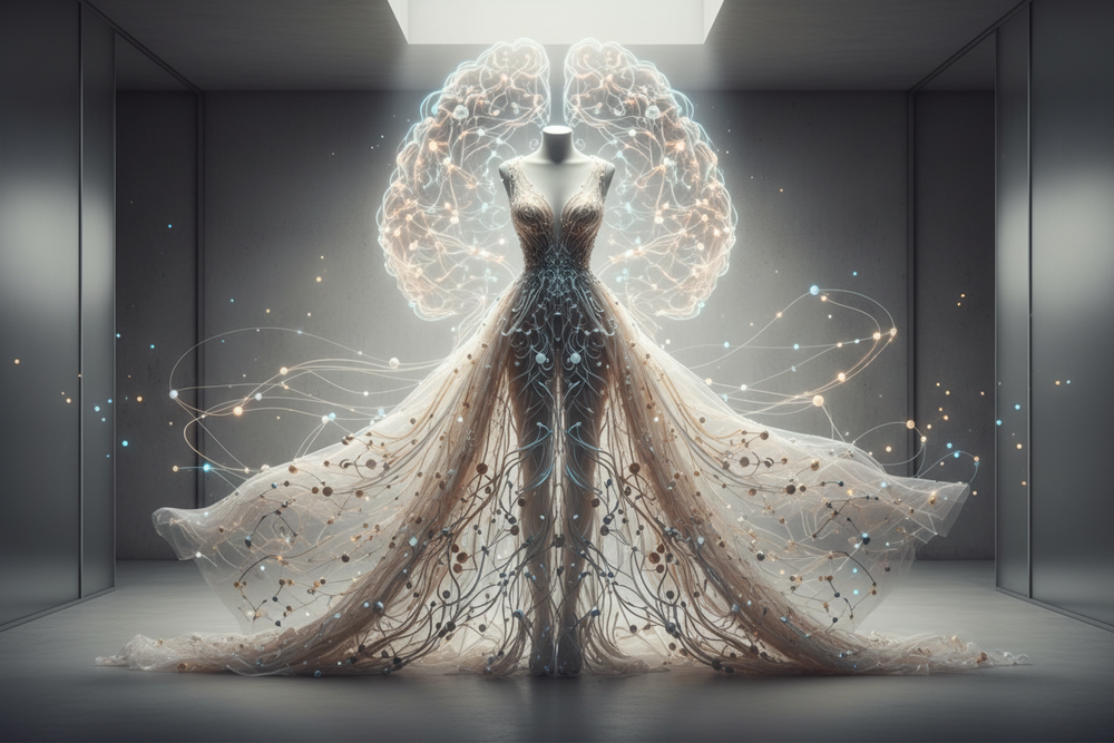 AI neural network visualization forming elegant fashion silhouette representing artificial intelligence shaping sustainable fashion design