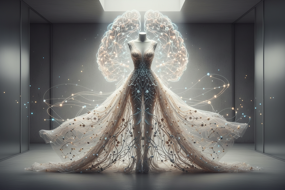 AI neural network visualization forming elegant fashion silhouette representing artificial intelligence shaping sustainable fashion design
