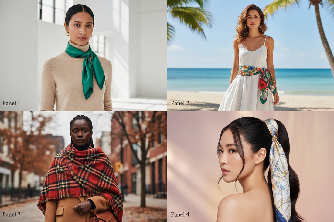 Four-panel collage showing diverse women wearing scarves in different ways with distinct personal styles