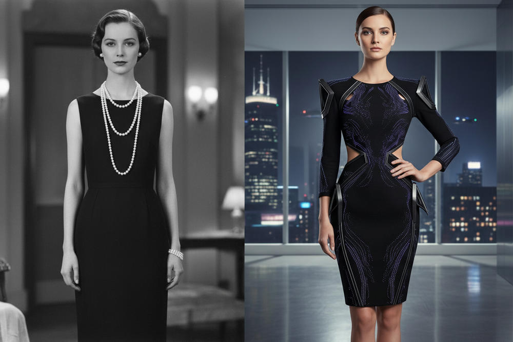 Little Black Dress evolution from classic 1960s vintage style with pearls to futuristic design with LED technology and holographic fabric, showing timeless LBD transformation.
