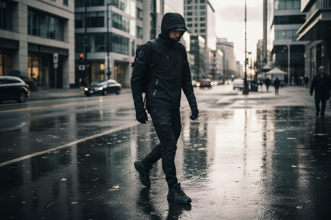 Person wearing black techwear outfit walking on wet urban street - realistic everyday functional fashion