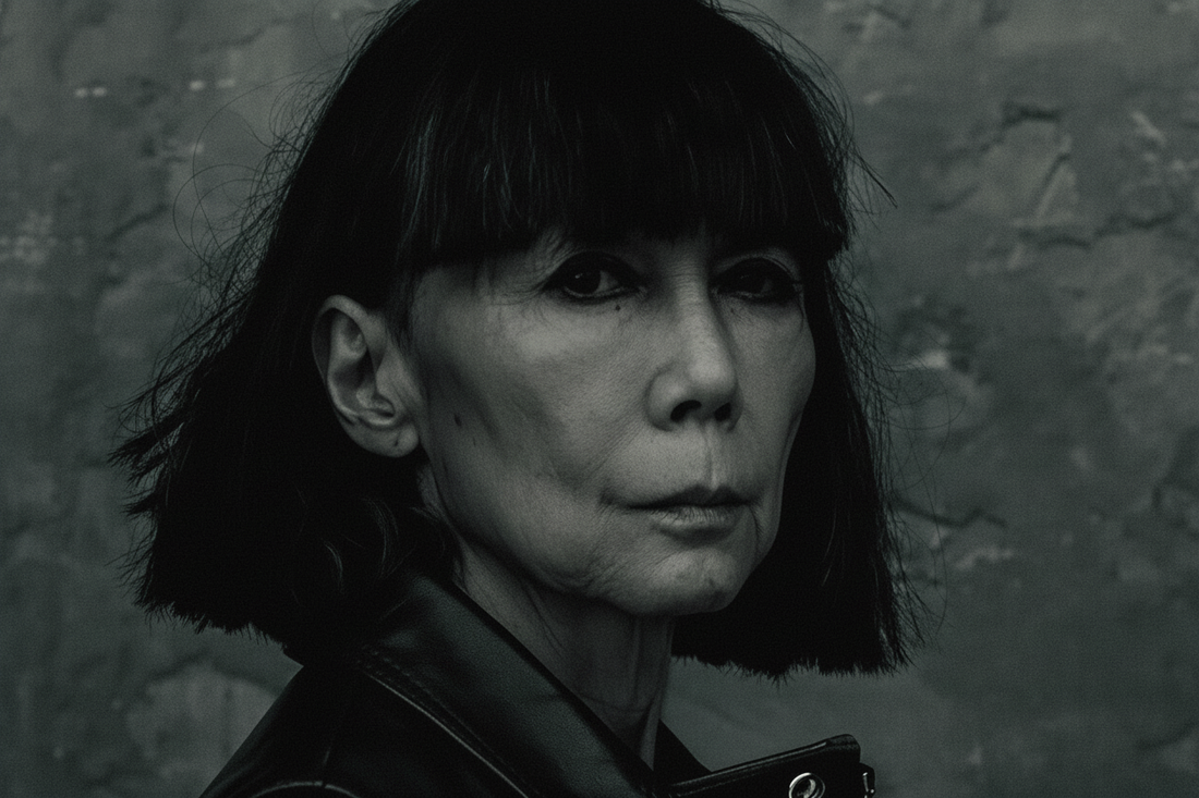 Rei Kawakubo portrait in black and white - the visionary Japanese fashion designer and founder of Comme des Garçons photographed against textured background