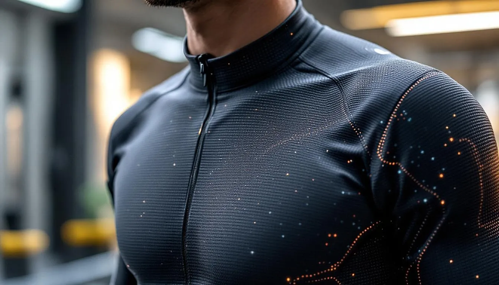 Mid-shot of a man wearing a dark, form-fitting smart jacket with subtle glowing lines along the shoulder, showcasing performance apparel and the look of conductive fibers.