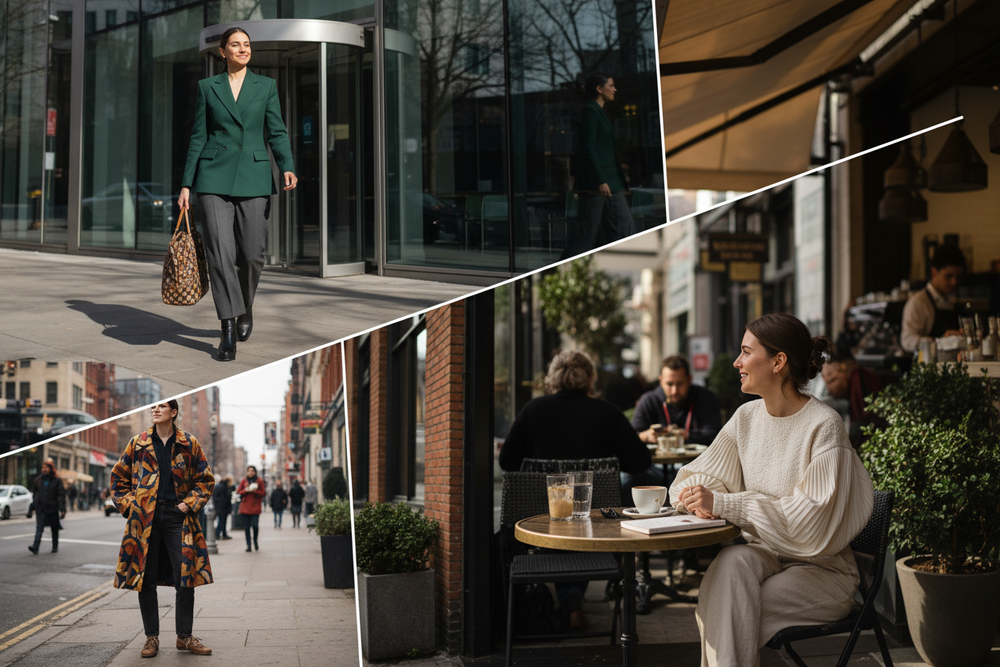 Statement clothing in everyday life - confident people wearing bold blazers, architectural coats, and structured tops in real-world settings