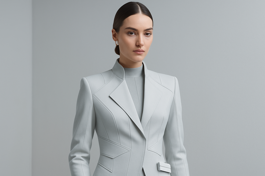 Modern woman wearing sleek geometric fashion with architectural details, representing wearable futuristic design