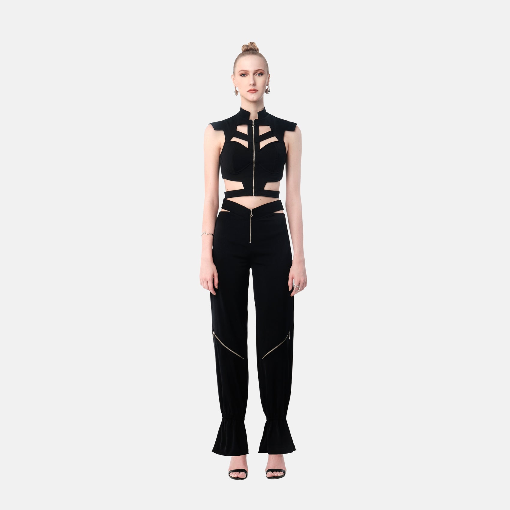 FlyandFall Astra black cut-out crop top and high-waisted pants, modern structured women’s fashion set.