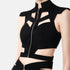 FlyandFall Astra black crop top with geometric cutouts and front zipper, modern American fashion design.