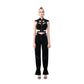 Front view of FlyandFall black cutout crop top and pants set, futuristic structured design