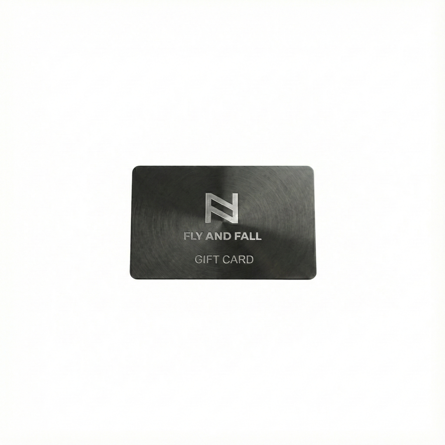 FlyandFall luxury digital gift card with metallic logo on dark brushed background.
