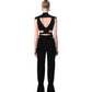 Rear view of FlyandFall’s structured set, featuring an open-back crop top and layered waist cutouts.