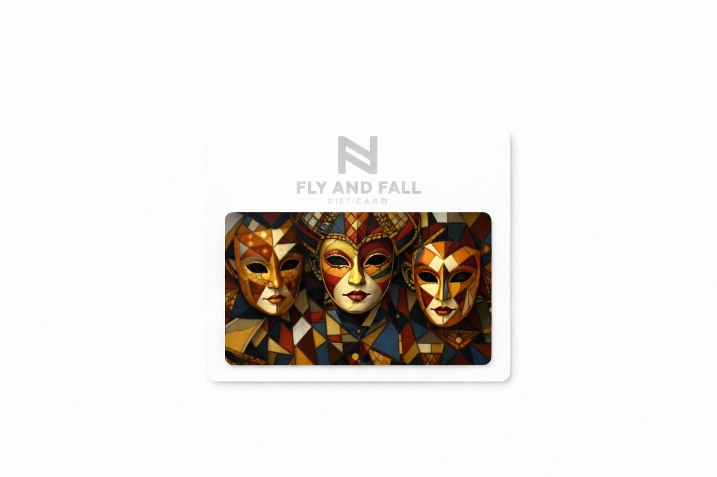 FlyandFall gift card featuring cubist Venetian masks in an avant-garde editorial design