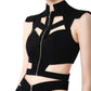 Detail of FlyandFall’s geometric crop top with a sharp neckline and exposed central zipper.