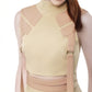FlyandFall beige top featuring angular panel design and mock neck, captured from upper torso.