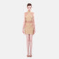 FlyandFall beige structured mini dress front view, modern design with geometric panels and soft neutral tone.