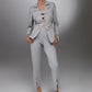 KAEL gray deconstructed cutout suit full front view with buttoned blazer and high waisted split cuff trousers