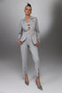 KAEL gray deconstructed cutout suit full front view with buttoned blazer and high waisted split cuff trousers