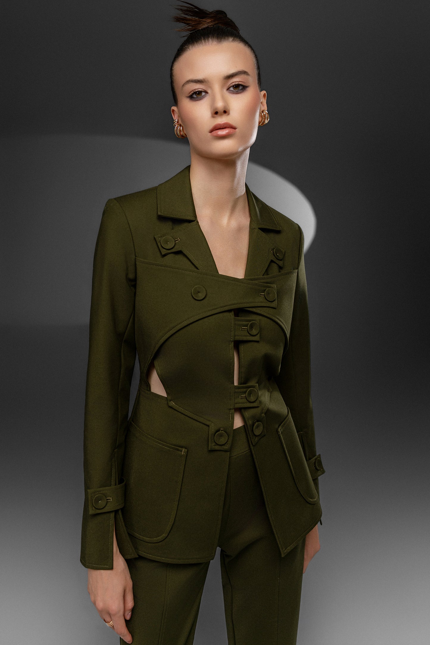 KAEL Military Green deconstructed cutout suit set with asymmetric button details