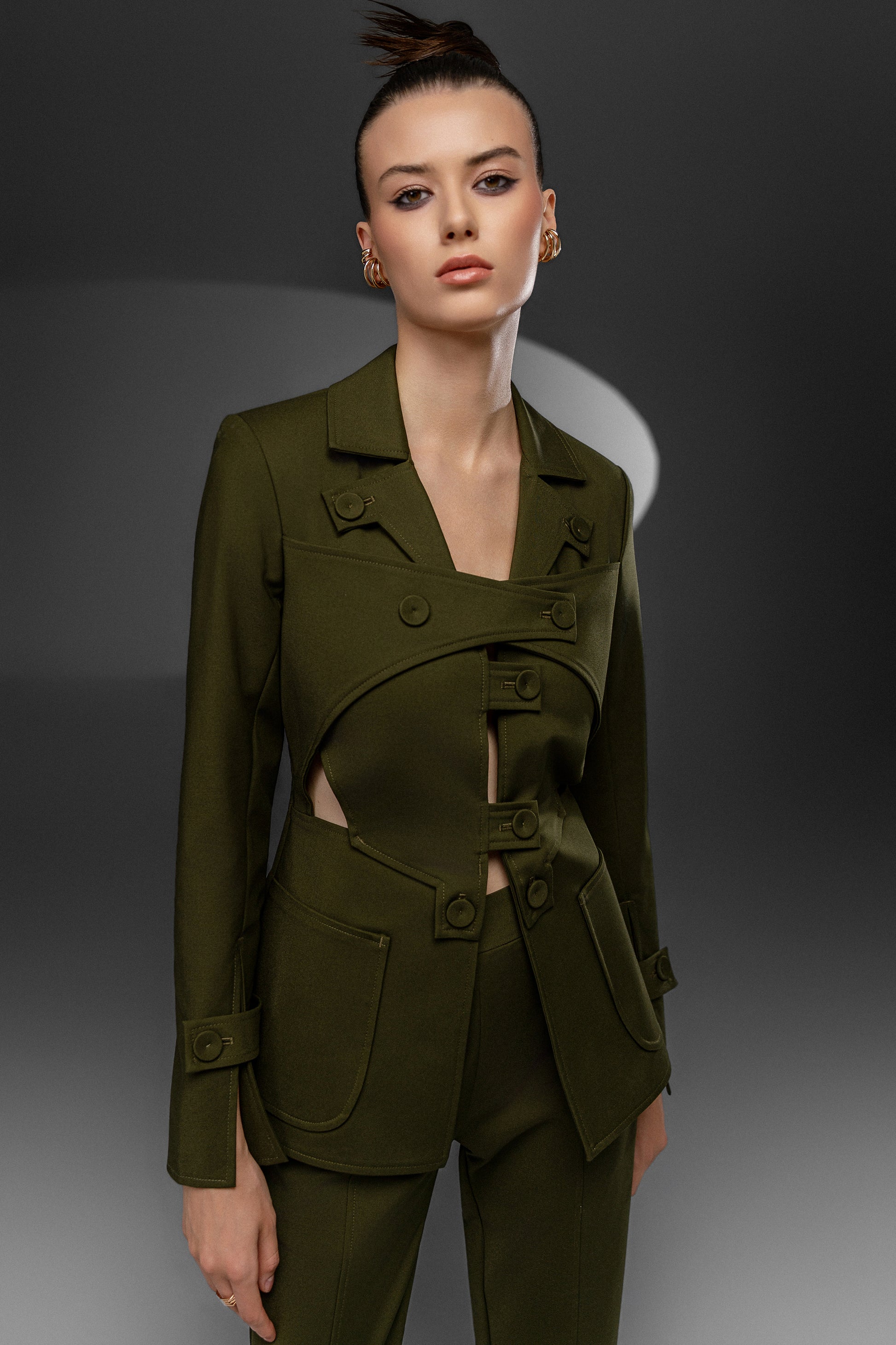 KAEL Military Green deconstructed cutout suit set with asymmetric button details