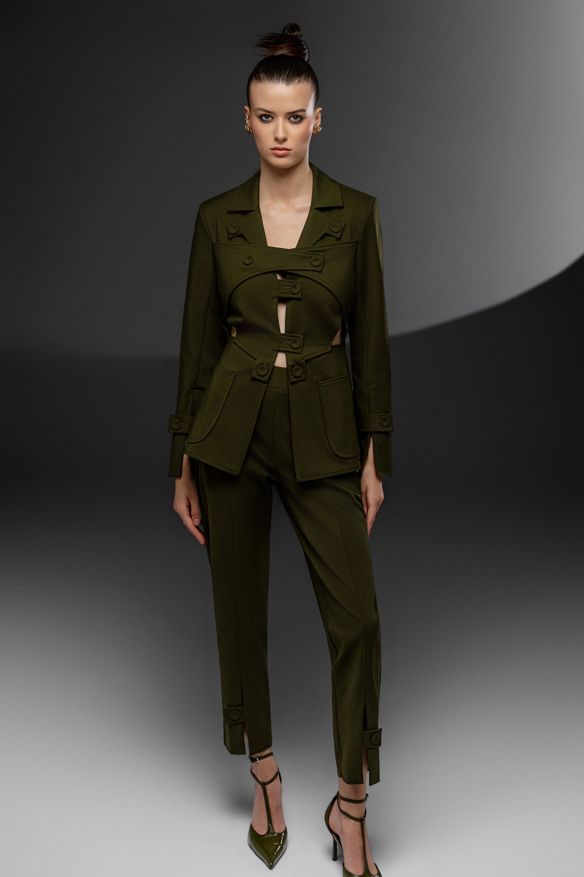 KAEL Military Green deconstructed cutout suit set with tailored jacket and slim pants