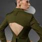 KAEL Military Green deconstructed cutout suit set featuring sculptural open back detail
