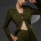 KAEL Military Green deconstructed cutout suit set with sculptural buttoned jacket detail