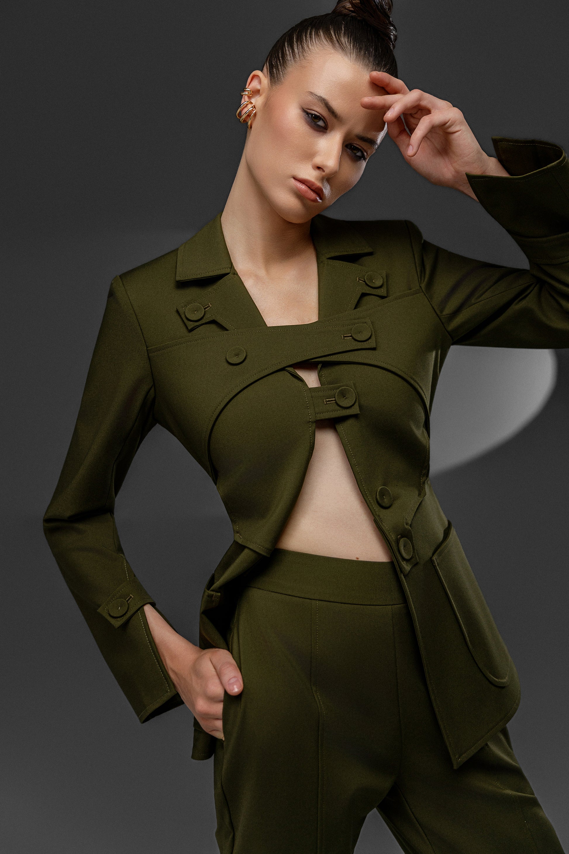 KAEL Military Green deconstructed cutout suit set with sculptural buttoned jacket detail
