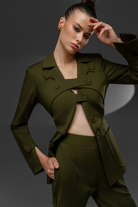 KAEL Military Green deconstructed cutout suit set with sculptural buttoned jacket detail