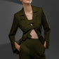 KAEL Military Green deconstructed cutout suit set with sculptural buttoned jacket and waist cutouts