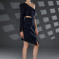 NERIS dark blue asymmetric cutout dress full-length front view with one-shoulder neckline and asymmetric hemline