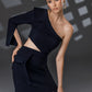 NERIS dark blue asymmetric cutout dress showing the model posing in the one-shoulder design with an open waist