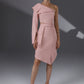 NERIS Lotus Pink asymmetric cutout dress front view with one-shoulder design and asymmetric hem