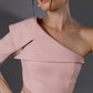 NERIS Lotus Pink asymmetric cutout dress close-up showing the one-shoulder folded detail and waist cutout