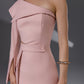 NERIS Lotus Pink asymmetric cutout dress close-up showing one-shoulder construction, waist cutout and fabric-covered button