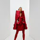 Obsidian Bloom red Mikado editorial mini dress in a symmetrical full-length portrait with sculptural high collar and architectural corset detailing by FlyandFall