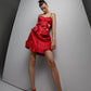 SCORIA red Mikado editorial dress in full-length architectural fashion portrait with sculptural lattice waist by FlyandFall