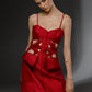 SCORIA red Mikado editorial dress front view with sculptural lattice waist and architectural detailing by FlyandFall