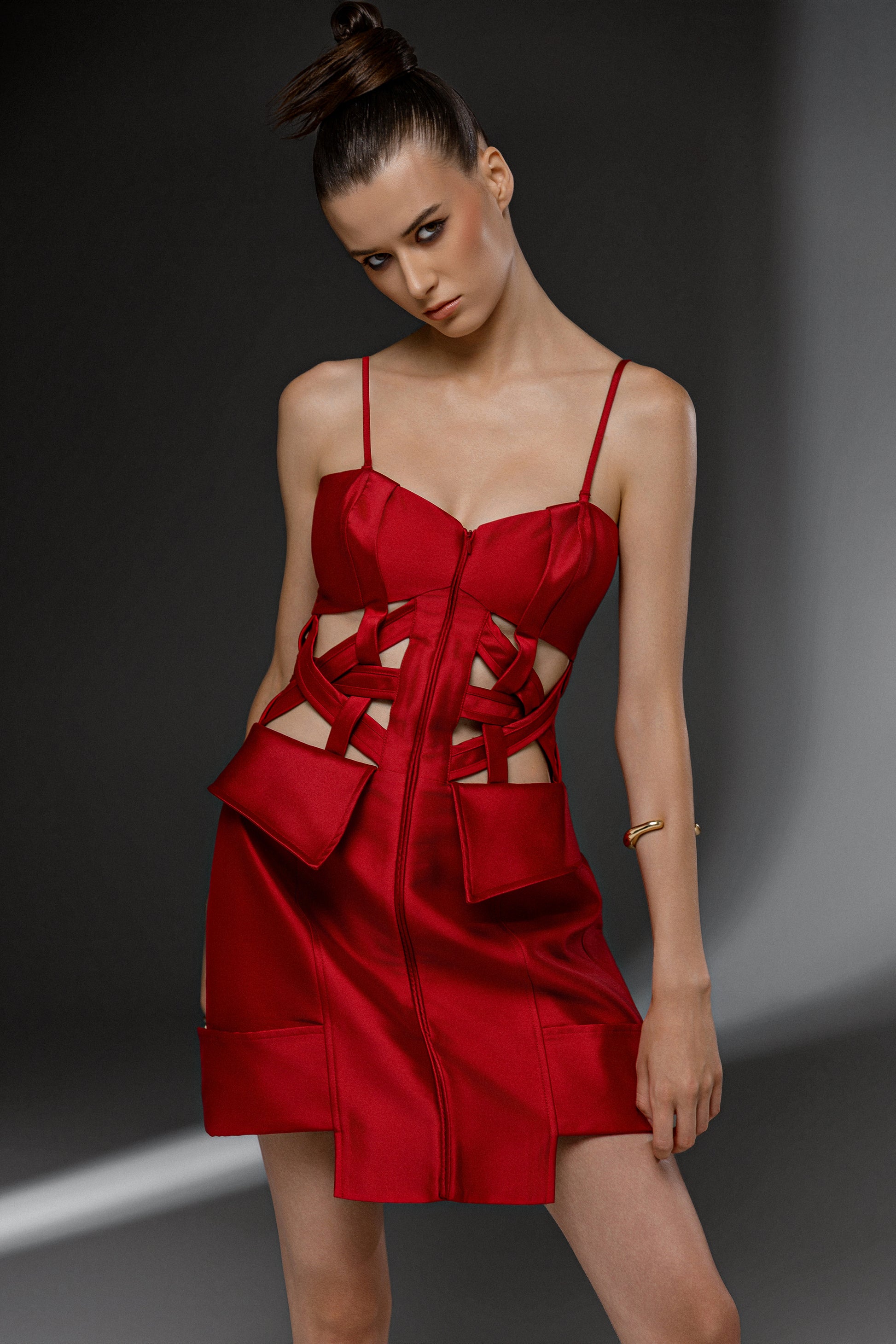SCORIA red Mikado editorial dress front view with sculptural lattice waist and architectural detailing by FlyandFall