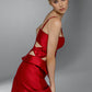 SCORIA red Mikado editorial dress side view highlighting the open lattice waist and sculptural skirt detailing by FlyandFall