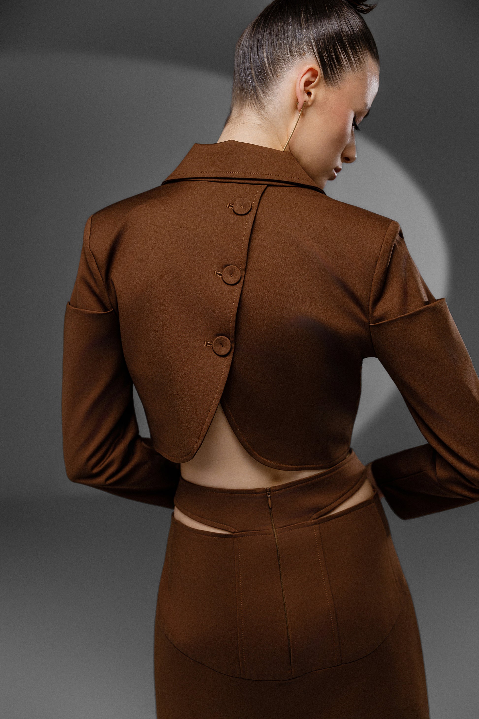 SOLEN Cocoa Brown deconstructed tailored set back detail with buttoned cropped top and waist cutout