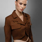 SOLEN Cocoa Brown deconstructed tailored set featuring cropped jacket and asymmetric waist detail